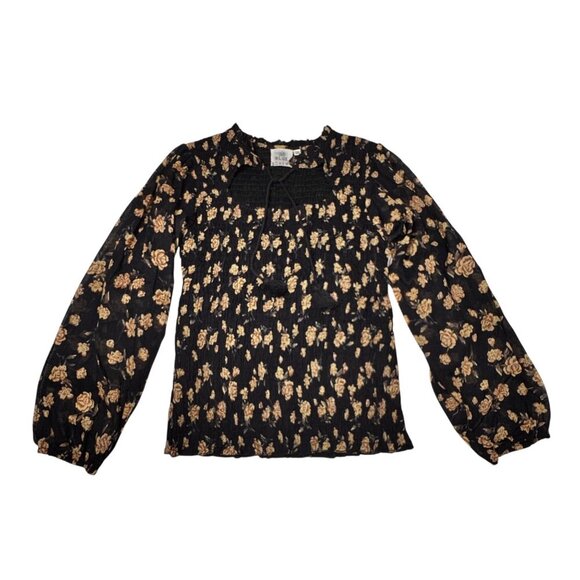 Blue Boheme Floral Top Sz.M- L Black Smocked Ruffle Whimsigoth Fairy Grunge - Picture 9 of 10